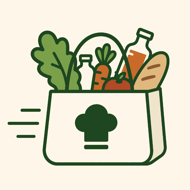 Scroll-To-Stove mark: a grocery bag of produce leaving a house